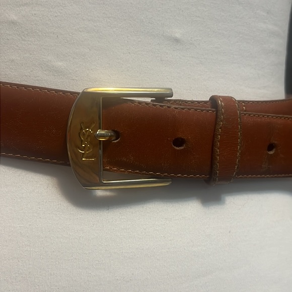 YSL Yves Saint Laurent Vintage Tan and Gold Logo Buckle Belt - Picture 8 of 11